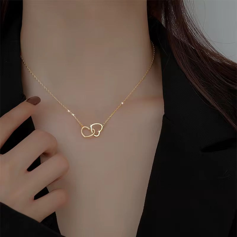 Interlocking Hollow Double Hearts Necklace